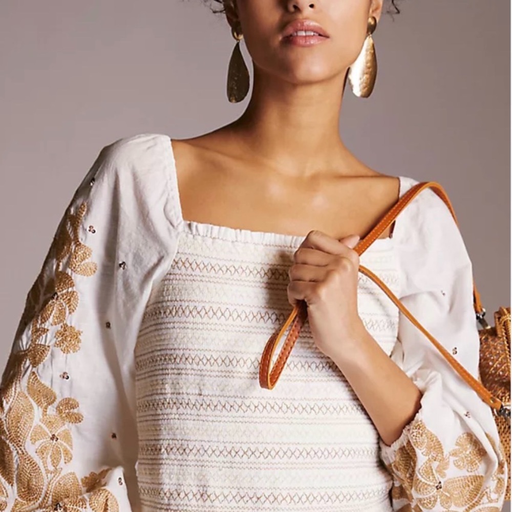 Anthropologie Smocked Top with embellished and embroidered sleeves, boho spring - Picture 4 of 9